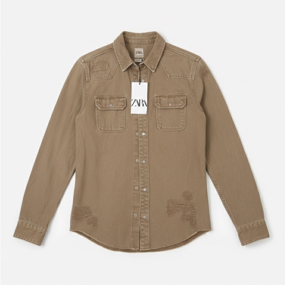 Zara Men's Casual Distressed Denim Button Down Shirt